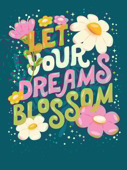 Colorful decorative hand lettered design with daisies, flowers and flower decoration. Spring vibrant vector illustration
