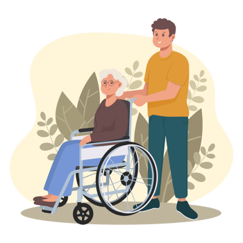 Disabled old woman in wheelchair with young man for care job illustration png