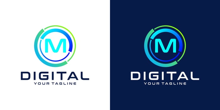 letter M logo design template technology, modern circle logo digital, technology, connection, data, media, circle line vector