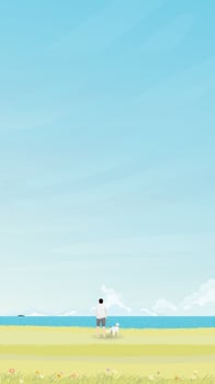 Man with his dog at seashore in summer vector illustration vertical shape. Seascape and blue sky flat design background.