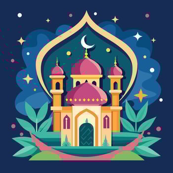 Vector illustration of mosque in flat style. Ramadan Kareem greeting card