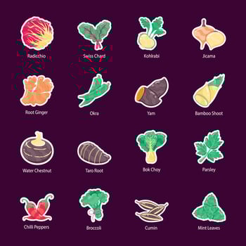 Set of Leafy and Root Vegetables Flat Stickers vector