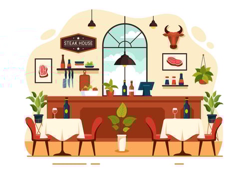 Steakhouse Vector Illustration with Restaurant that Provides Grilled Meat with Juicy Delicious Steak, Salad and Tomatoes for Barbecue in Background