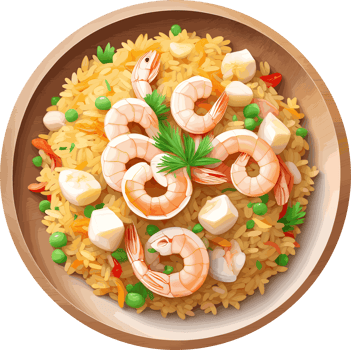 AI generated Yummy spicy fried rice and shrimps recipe, design element for Asian food recipe and idea, seafood, traditional cuisine, cooking and kitchen decor, meal, calories png