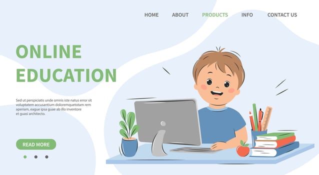 Online education, home school concept. Little boy studying on computer. Vector illustration