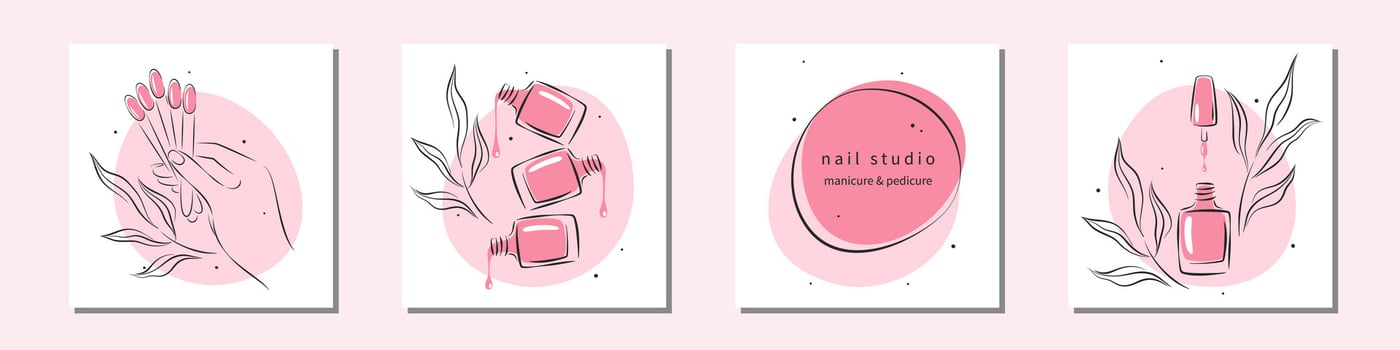 Set of card With logos for nail studio or salon. Beautiful female hands with color samples nail polish. Vector illustrations for social media posts and stories, mobile apps.