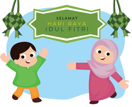 illustration excited couple cute muslim kid greeting happy eid celebration vector