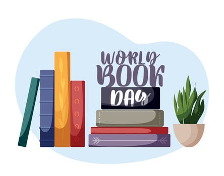 World book day. Stack of various books. Pile of colorful books. Hand drawn educational vector illustration. Bookstore, bookshop, book lover concept.