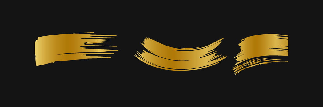 Golden paint brush stroke. Set of gold paint smear with glittering texture. Realistic gold brush stroke with metallic effect. Vector
