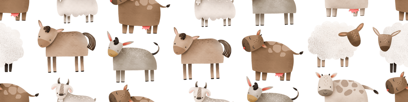 Farm seamless pattern background with farm animals, horse, donkey, goat and cow. Hand drawn background in cartoon style. use for print, wallpaper, kids clothes, fashion. png
