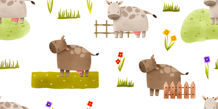 Farm seamless pattern with cow. Cute cartoon cow near walking on green grass, wooden fence. Cute kids endless background. Use for wrapping paper, clothes, wall art, textile png