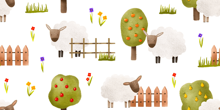 Farm seamless pattern with sheep. Cute cartoon sheep near fruit trees and wooden fence. Cute kids endless background. Use for wrapping paper, clothes, wall art, textile png