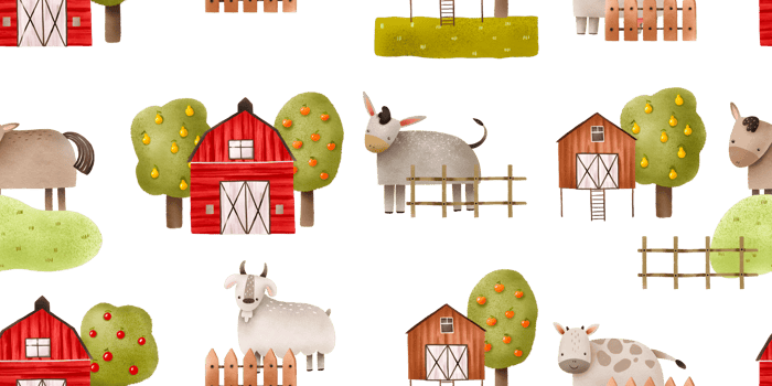 Cute Farm pets seamless pattern. Hand drawn hand drawn domestic animals. Rustic seamless background with farmhouse, trees, horse, goat, cow.  Village landscape background png