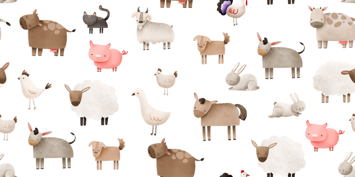Farm animals seamless pattern. Cute cartoon domestic animals, cow, goat, sheep, horse and cattle, artiodactyla animals. Hand drawn endless background for kids png