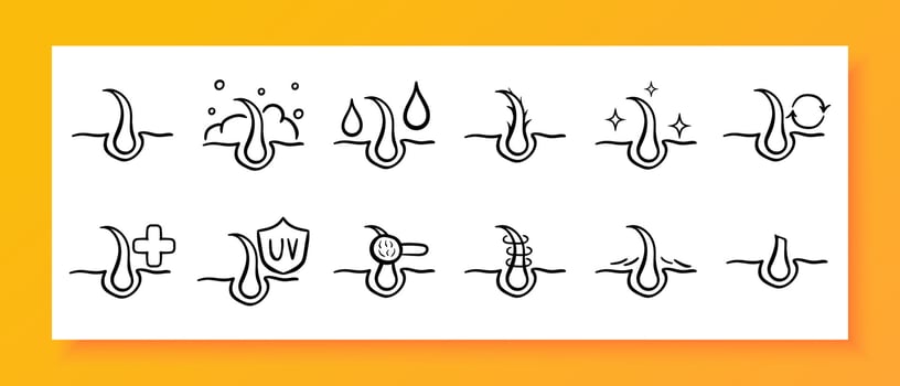 Hair care icon set. Hairdryer, dryness, shampoo, conditioner, balm, beauty, haircut, styling. Black icon on a white background. Vector line icon for business and advertising