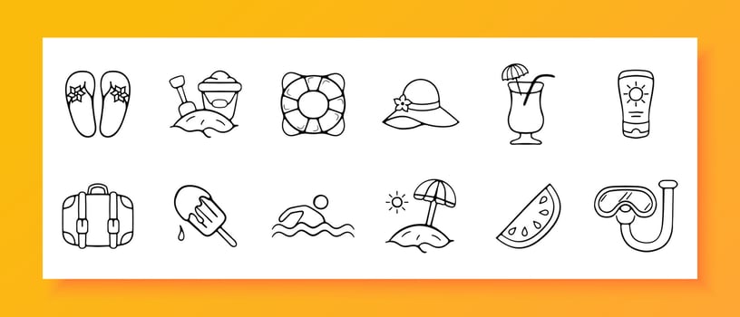Vacation icon set. Sun lounger, cocktail, watermelon, island, sand, ice cream, cooling, glasses, shell. Black icon on a white background. Vector line icon for business and advertising