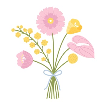 Bouquet with anthurium, gerbera, poppy, wildflowers and herbs. Floral composition tied with ribbon. Delicate flowers, and wild meadow plants for design projects, vector illustration