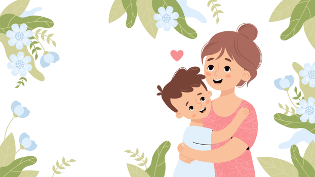 Happy woman mom hugs son floral banner png