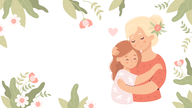Cute woman hugs daughter on floral background png