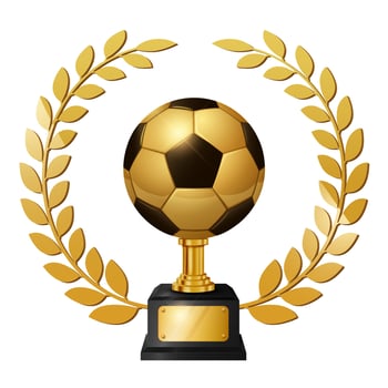 Realistic Gold Soccer Ball Trophy with Gold Laurel Wreath, Isolated on White Background, Vector Illustration