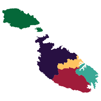 Malta map. Map of Malta in five main regions in multicolor png