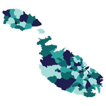 Malta map. Map of Malta in administrative provinces in multicolor png