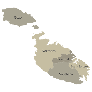 Malta map. Map of Malta in five main regions in multicolor png