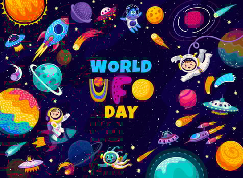 World ufo day, cartoon flying saucer and alien vector