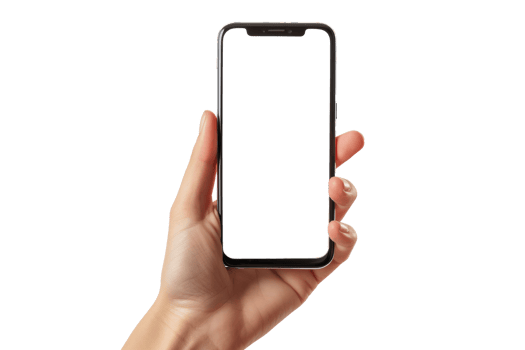 Blank white screen of Mobile phone with hand holding phoneisolated on transparent background With clipping path.3d rendering png