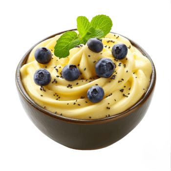 AI generated Bowl of tasty vanilla pudding with blueberry isolated on transparent background With clipping path.3d rendering png