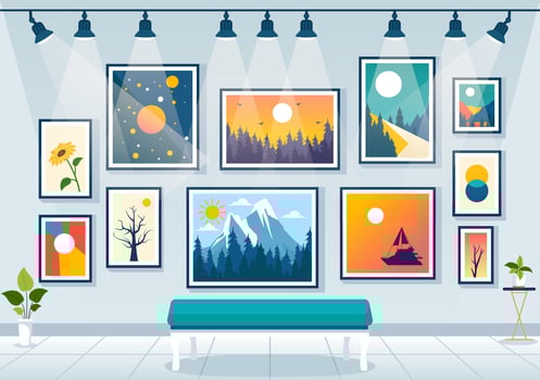 Photo Gallery Vector Illustration for Museum Visitors View Exhibition of Modern Abstract Paintings and Picture in Contemporary in Flat Background