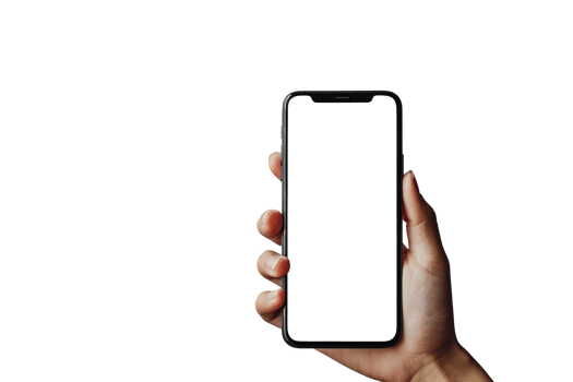 Close up hand holding holding black mobile phone with blank white screen isolated on transparent background With clipping path.3d render png