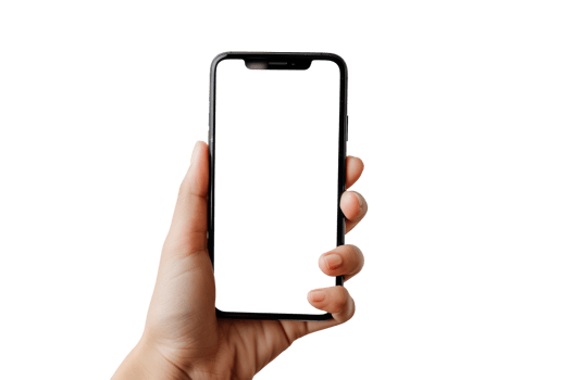 Close up hand holding holding black mobile phone with blank white screen isolated on transparent background With clipping path.3d render png