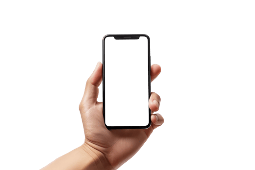 Close up hand holding holding black mobile phone with blank white screen isolated on transparent background With clipping path.3d render png