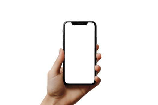 Close up hand holding holding black mobile phone with blank white screen isolated on transparent background With clipping path.3d render png