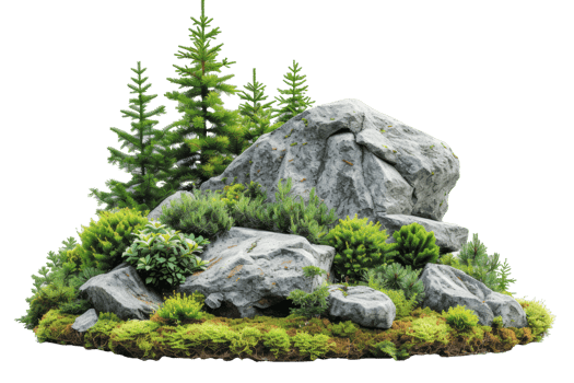 AI generated Cutout rock surrounded by fir trees. Garden design isolated on transparent background With clipping path.3d render png