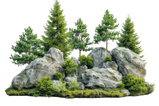 AI generated Cutout rock surrounded by fir trees. Garden design isolated on transparent background With clipping path.3d render png