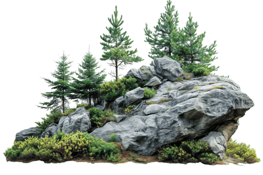 AI generated Cutout rock surrounded by fir trees. Garden design isolated on transparent background With clipping path.3d render png