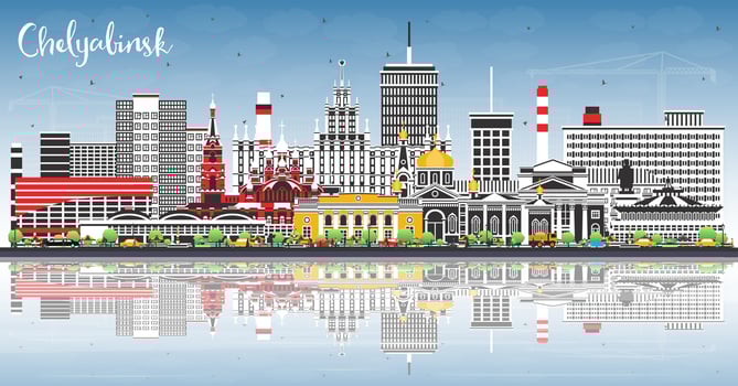 Chelyabinsk Russia city skyline with color buildings, blue sky and reflections. Chelyabinsk cityscape with landmarks. Travel and tourism concept with modern architecture. vector