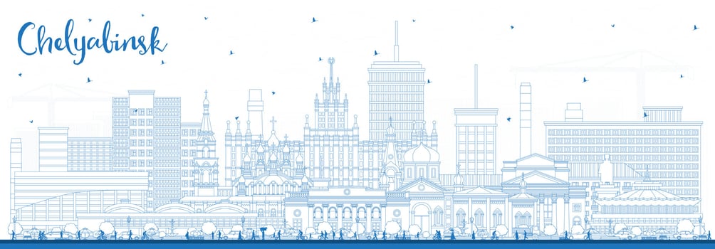 Outline Chelyabinsk Russia city skyline with blue buildings. Chelyabinsk cityscape with landmarks. Business travel and tourism concept with modern and historic architecture. vector