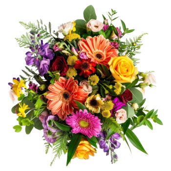 AI generated Flower arrangement with fresh flowers with colorful blooms and vibrant greenery isolated on transparent background. A bouquet of fresh flowers cutout PNG