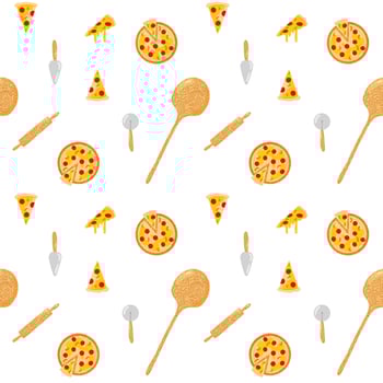 Pizza making vector seamless pattern. Pizza cooking, pizza making, Italian cuisine. Background, backdrop, wallpaper, packaging design.