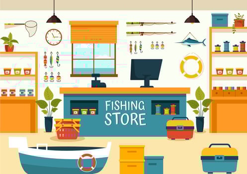 Fishing Store Vector Illustration with Selling Various Fishery Equipment, Bait, Fish Catching Accessories or Items on Flat Cartoon Background