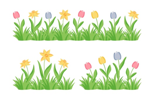 Early spring garden flowers isolated on white vector set. Illustration of tulips and daffodils in the garden.
