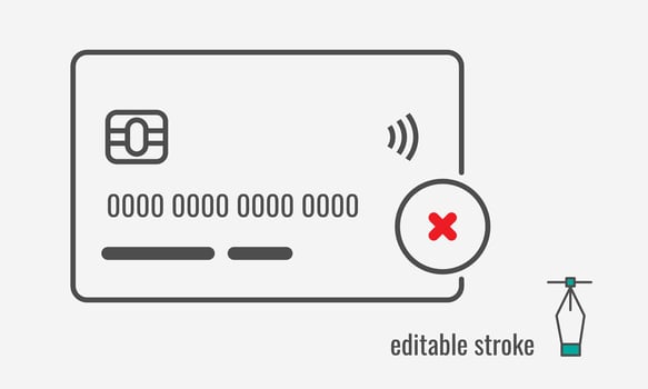 Credit Card not accepted line icon.CASH ONLY sign.no credit card allowed symbol.Red prohibition pictogram.Not approved credit card payment sign. Vector graphics illustration EPS 10. Editable stroke