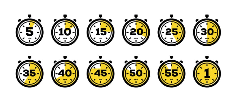 Set of timer and stopwatch icons. Kitchen timer icon with different minutes. Cooking time symbols and labels vector