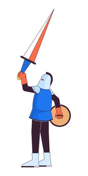 Armored knight raising up sword 2D linear cartoon character. Medieval tournament champion isolated line vector person white background. Victory in deadly battle color flat spot illustration