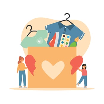 Clothes volunteering donation concept. Mum and daughter with half of hearts near donation cardboard box with clothes to charity. International charity day vector