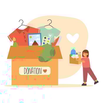 Little girl brings cardboard box with goods for charity. Big paper box with donation clothes vector