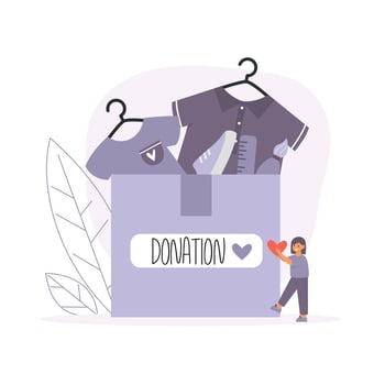 Charity donation concept. Little girl holding heart near cardboard box with donate clothes and goods vector